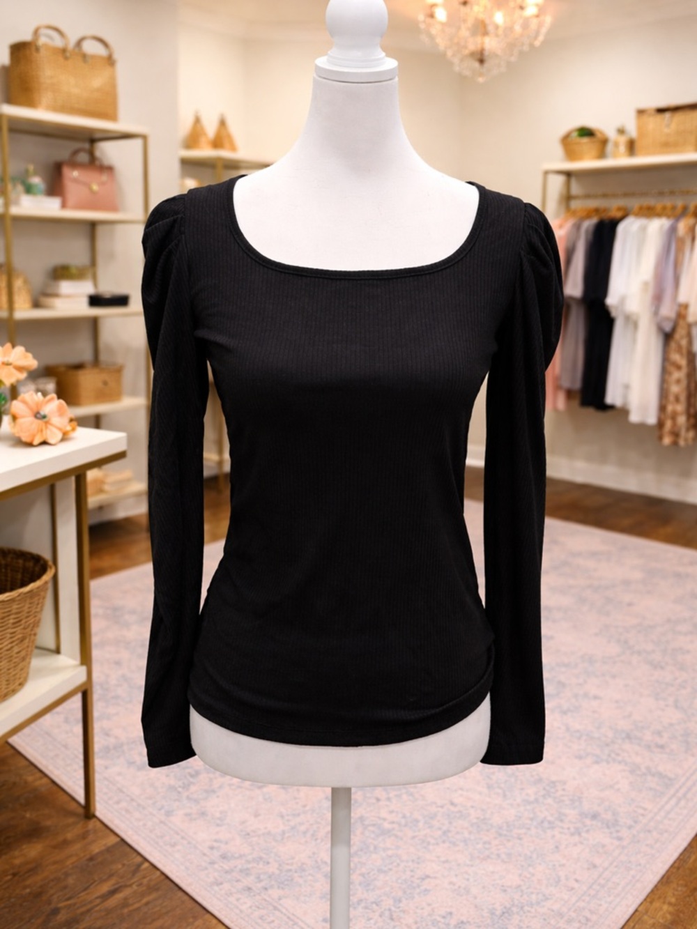 White Birch Black Ribbed Long Sleeve Puff Shoulder Top S M L XL